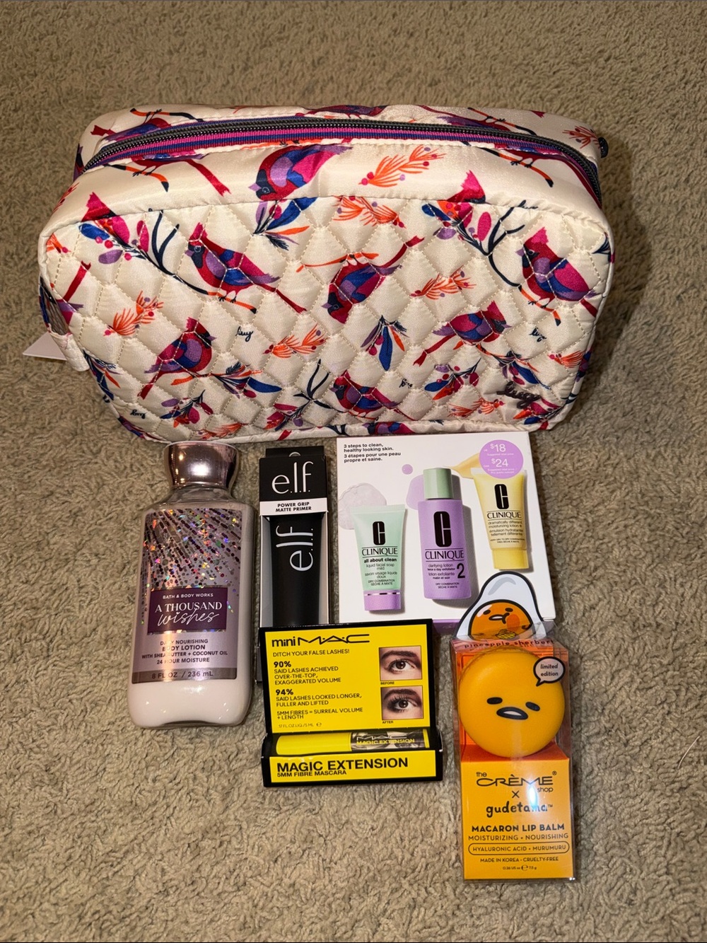 lug Quilted Cosmetic Pouch in Cream with Pink & Purple Bird Accents